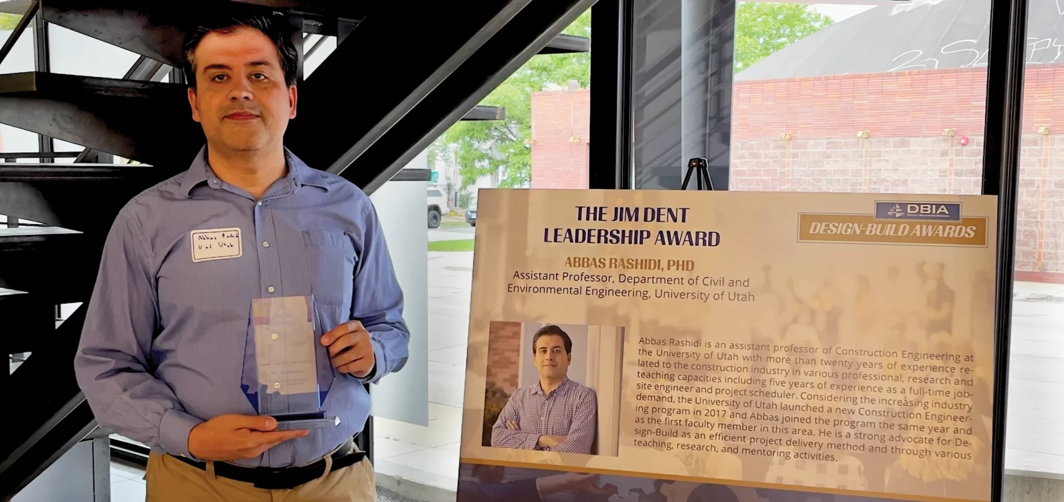 Dr. Abbas Rashidi recently received the 2023 Jim Dent Leadership Award from Design-Build Institute of America (DBIA), Rocky Mountain Region.